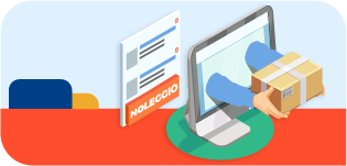 Illustrazione con un computer portatile, scatole di spedizione e documenti legati al noleggio di prodotti