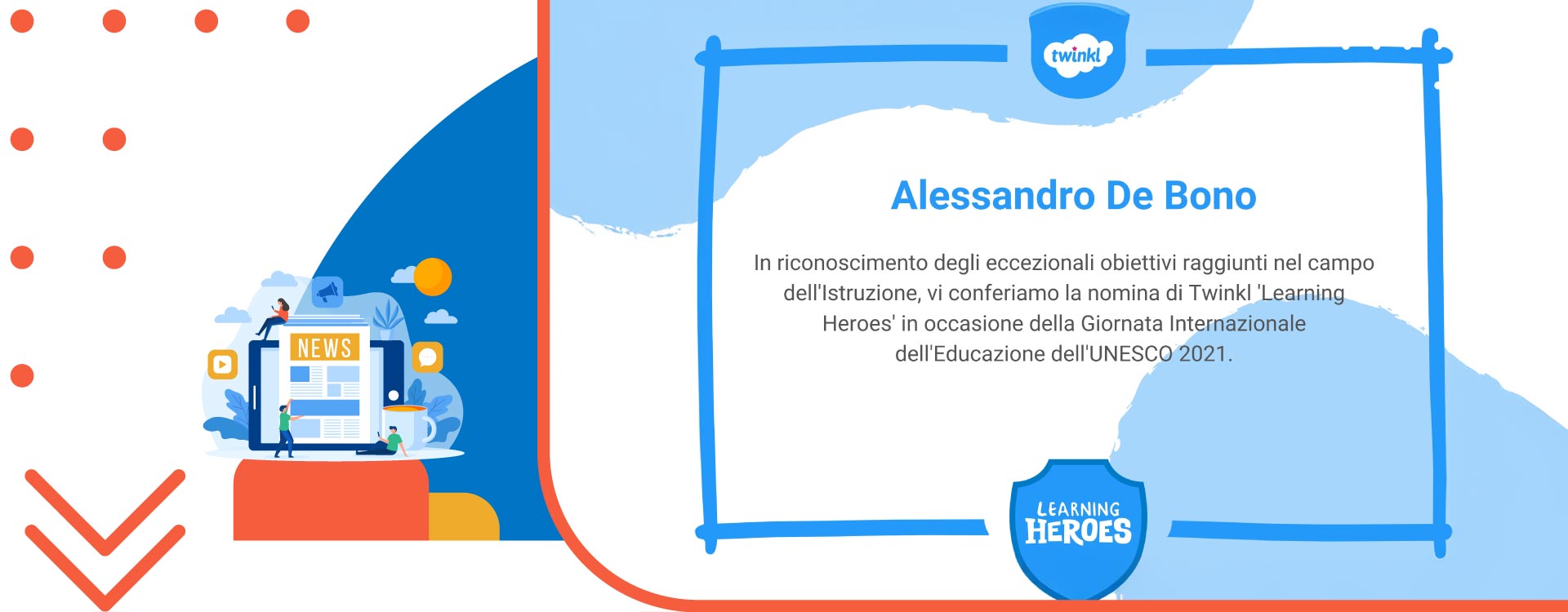 Alessandro De Bono premiato come Learning Hero da Twinkl